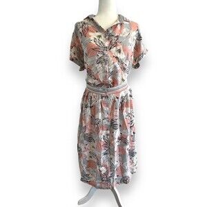 Vintage Koret Tropical Hemp Blend Button Down Top And MIDI Skirt Set 16/18